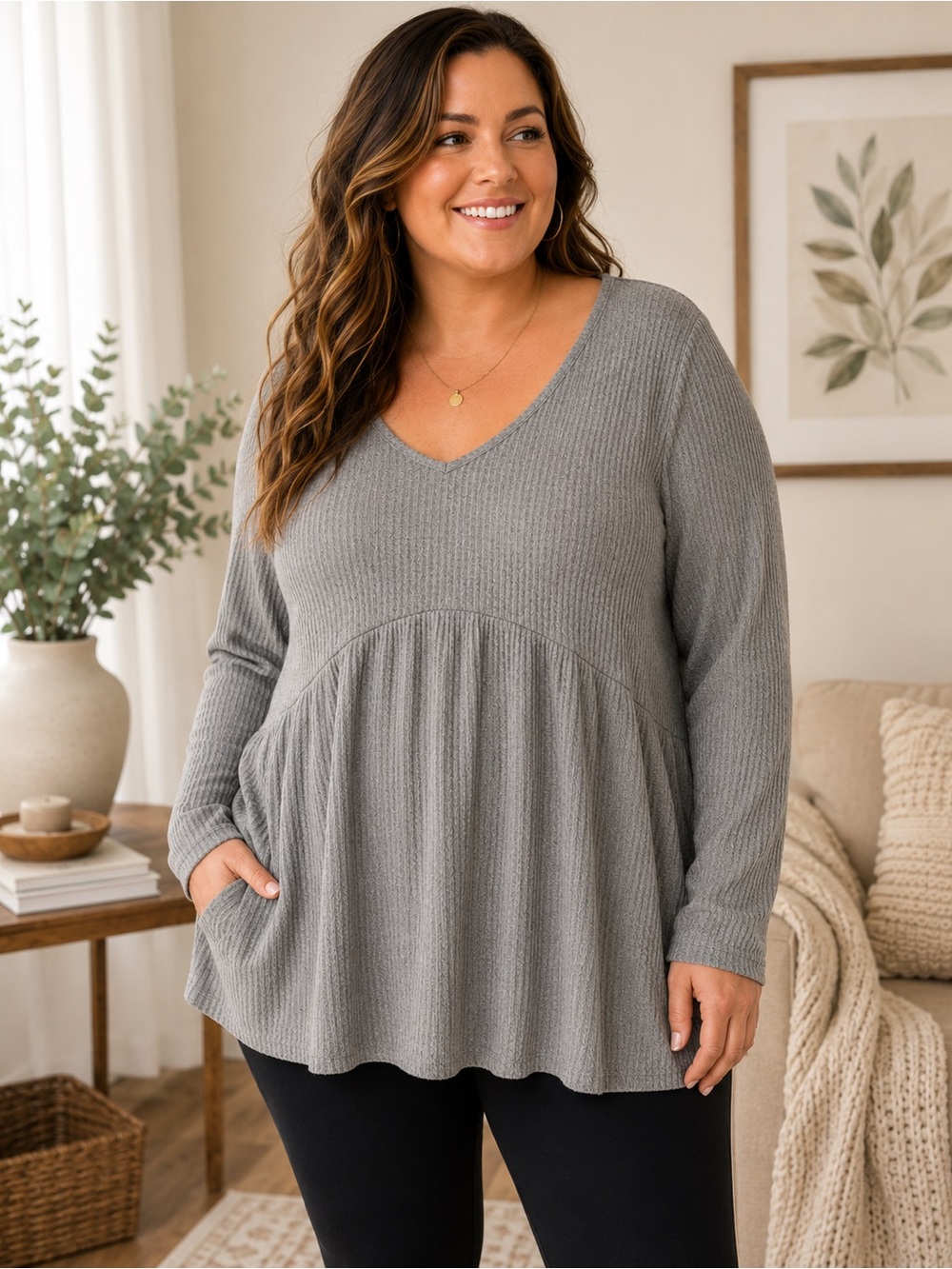 Lane Bryant Max Swing Waffle Knit V Neck Top Gray Plus Size 14/16